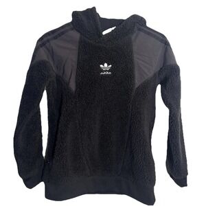 Adidas Youth Sherpa Hoodie Black Fleece Pullover 11-12Y Trefoil‎ Logo Hooded